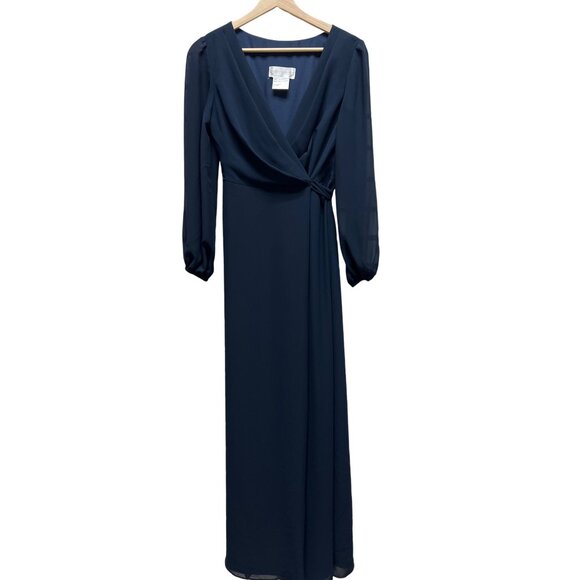 Dessy Collection Vivian Diamond Navy Long Sleeve Formal Wrap Dress - Picture 3 of 8